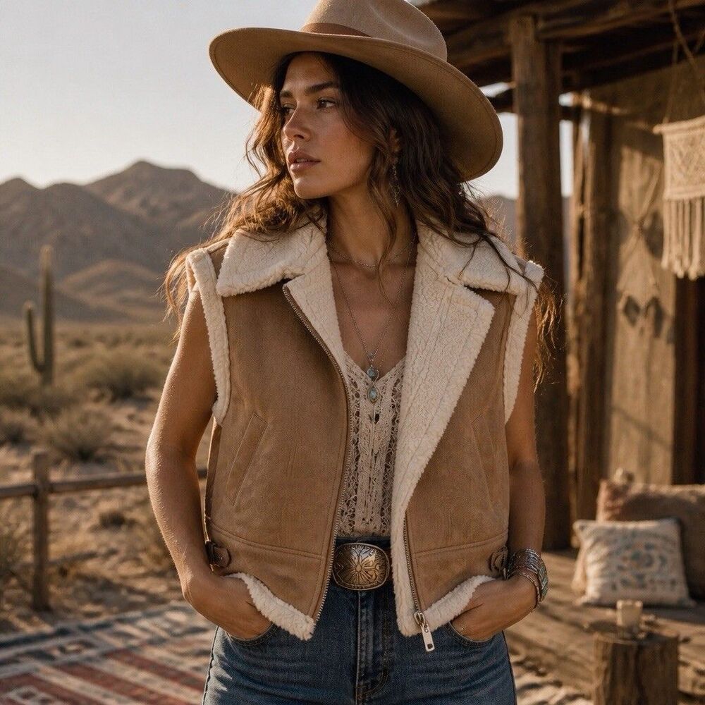 HYFVE Womens Size S Tan Faux Suede Sherpa Moto Vest Western Boho Biker Shearling
